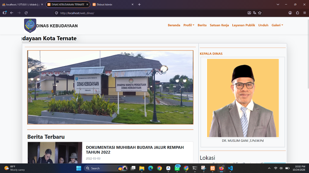 Tampilan beranda portal publik Dinas Kebudayaan Kota Ternate